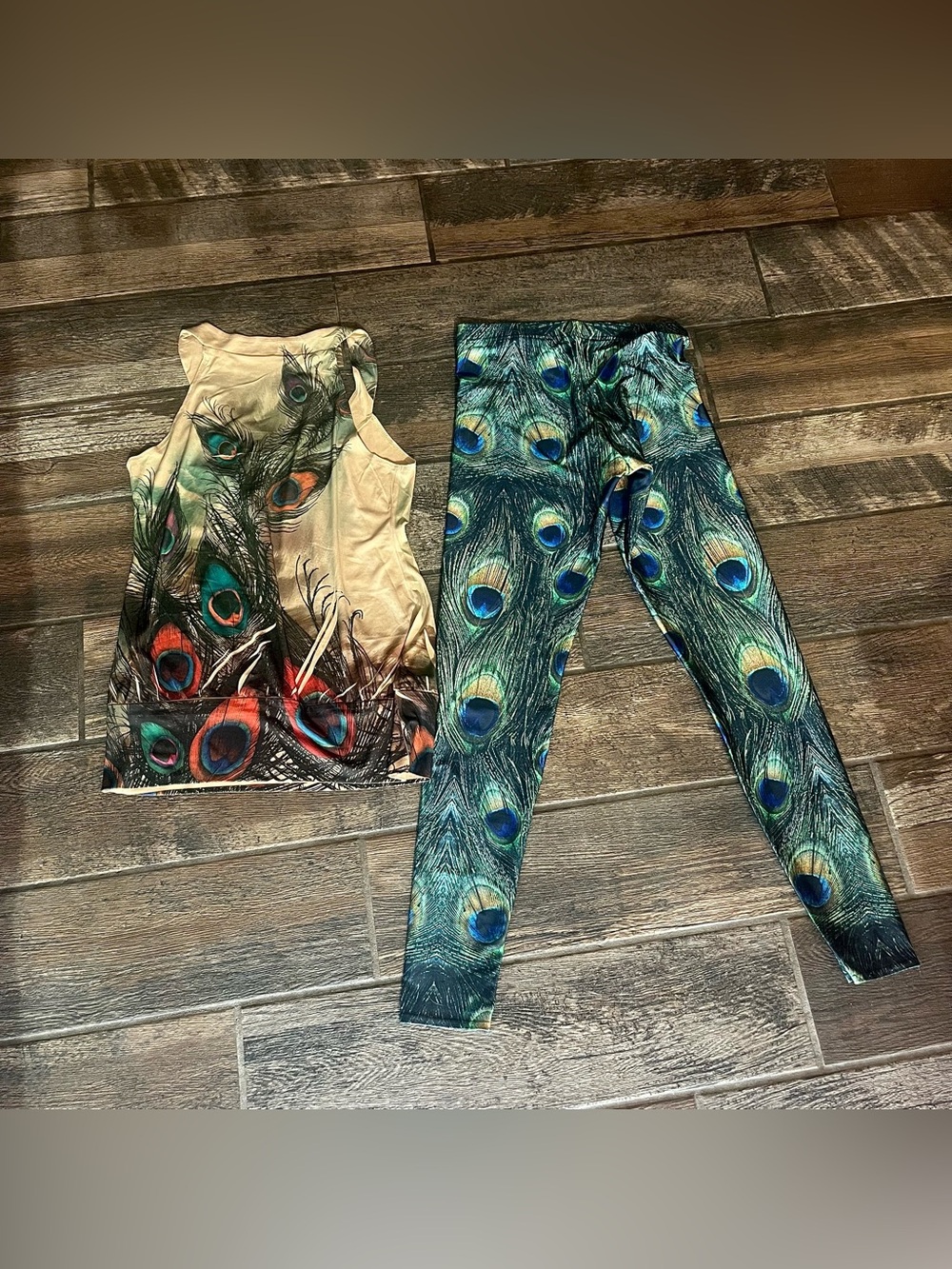 BlackMilk peacock feather print leggings M & rhinestone tank top M - Picture 3 of 11